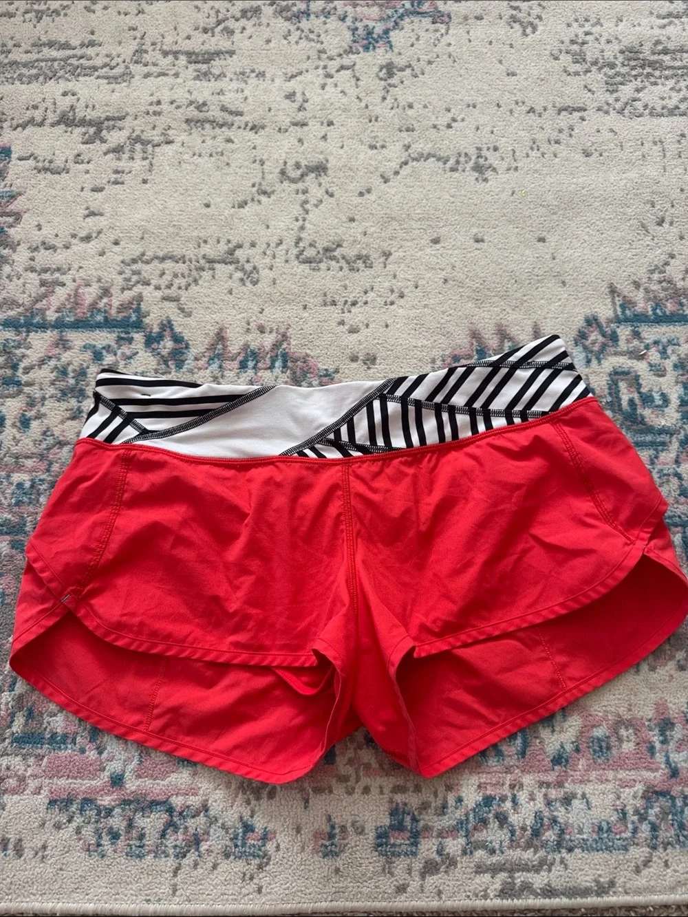 lululemon athletica Red Running Shorts with Black-and-White Striped Waistband